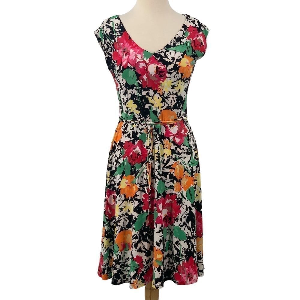 Lauren Ralph Lauren Petite Cap Sleeve V-Neck Dress Multi-Colored Floral Belt PM