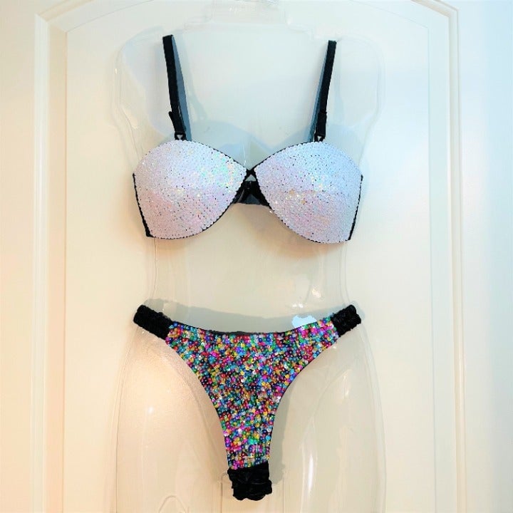 Vintage White Sequin Bra & Thong Set, L