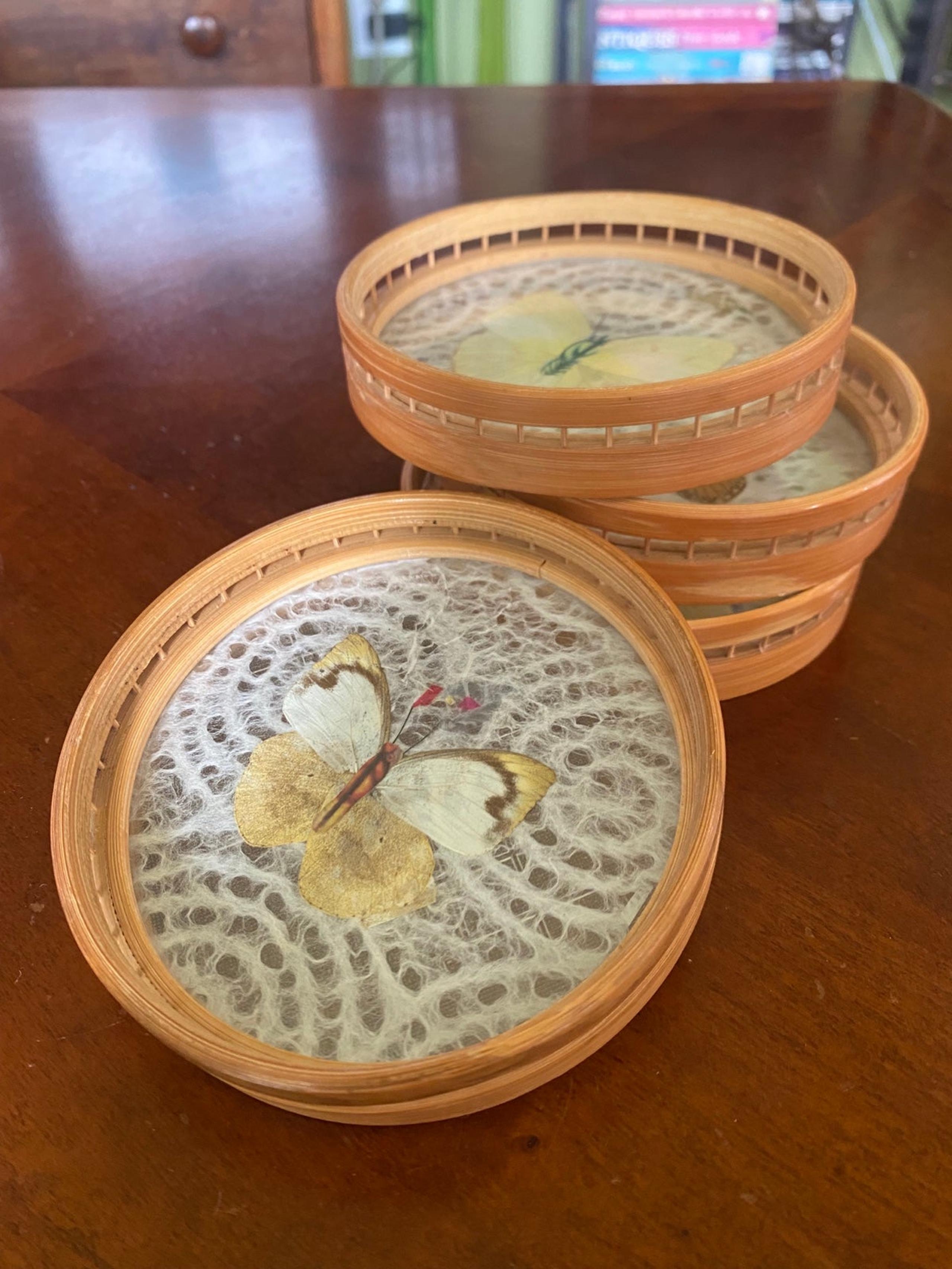 1970’s Vintage Set of 4 Bamboo Butterfly/ Moth Coasters
