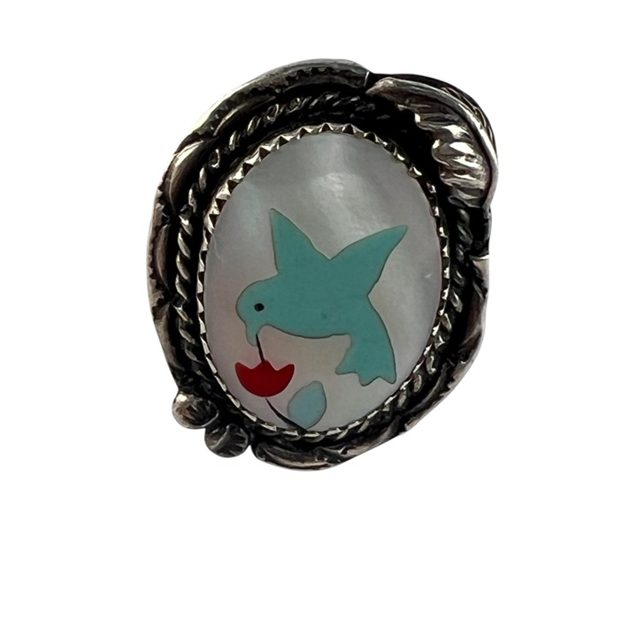 Vintage Native American Sterling Silver Turquoise Inlay Hummingbird Ring by J