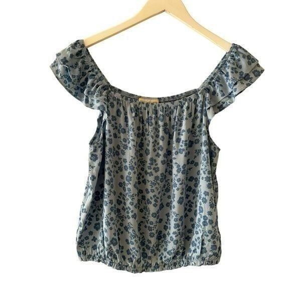 The General Good Blue Floral Ruffle Cap Short Sleeves Waist Cinch Bohemian Wom