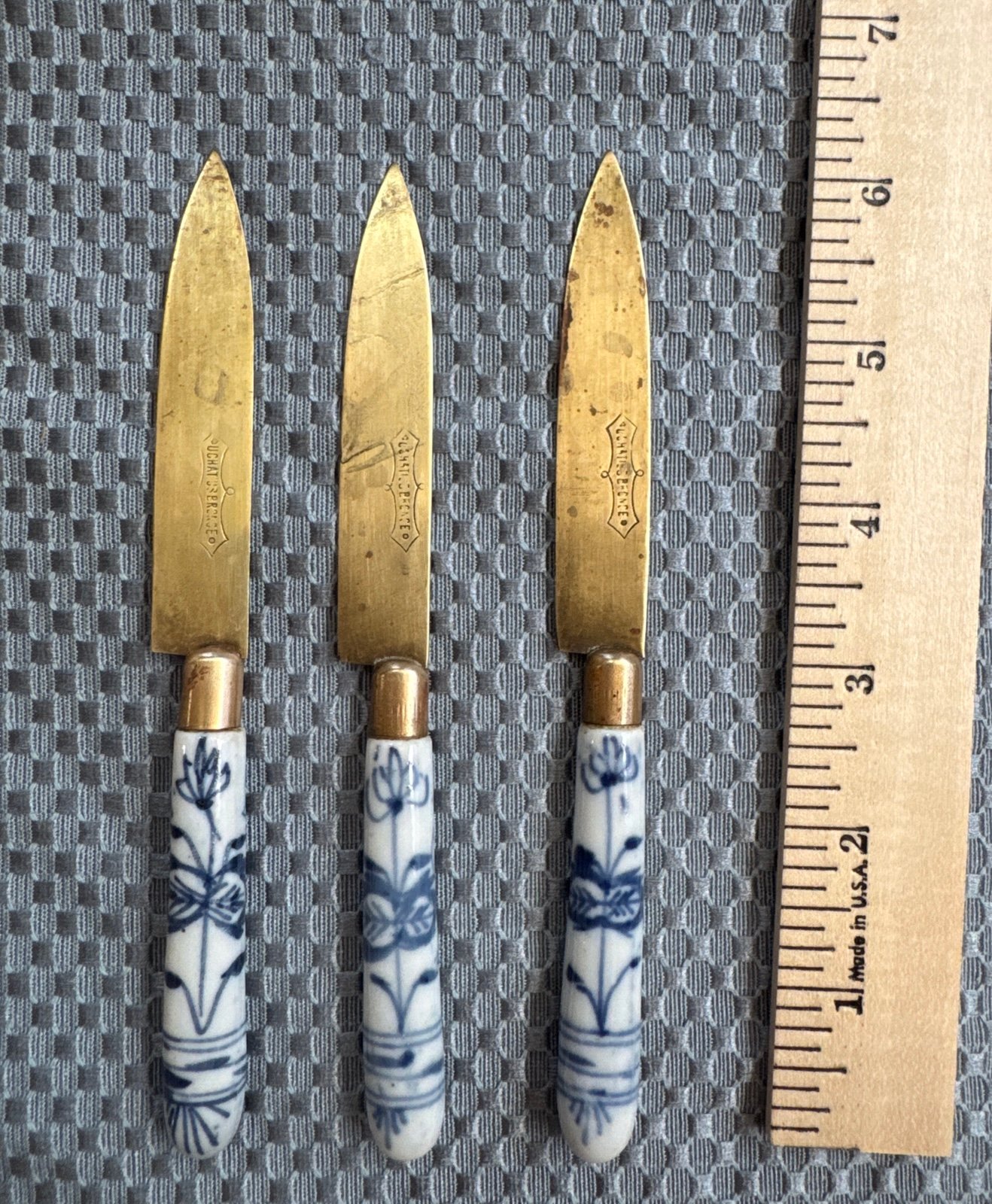 3 Antique Uchatius Bronze Fruit Knives with Meissen Porcelain Handles
