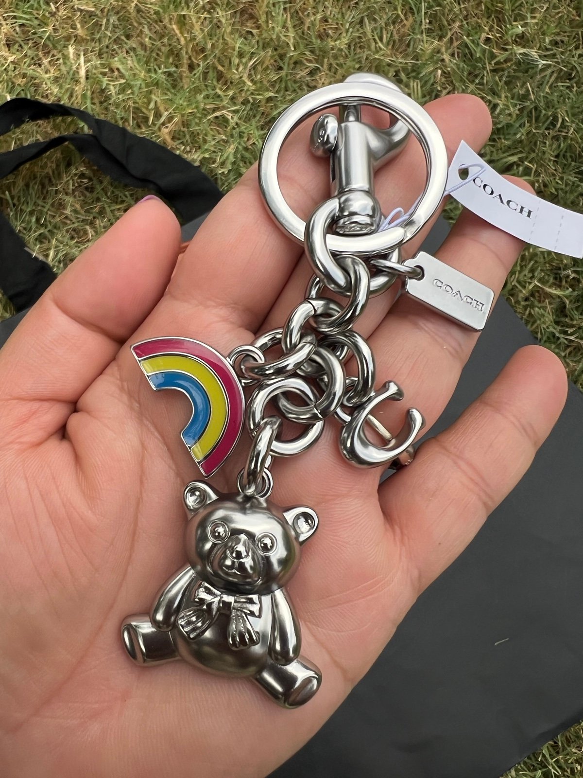 Coach bear rainbow charm bag