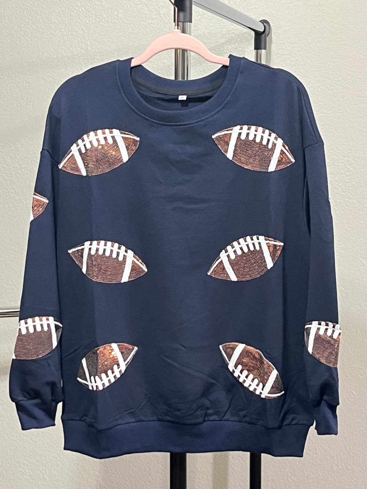 Navy Blue Sequin Football Sweatshirt Size Medium