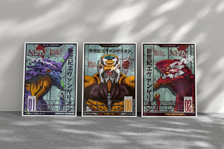 Neon Genesis Evangelion Set of 3 Posters EVA 00 01 02 Anime Art, Vintage 90s Ma