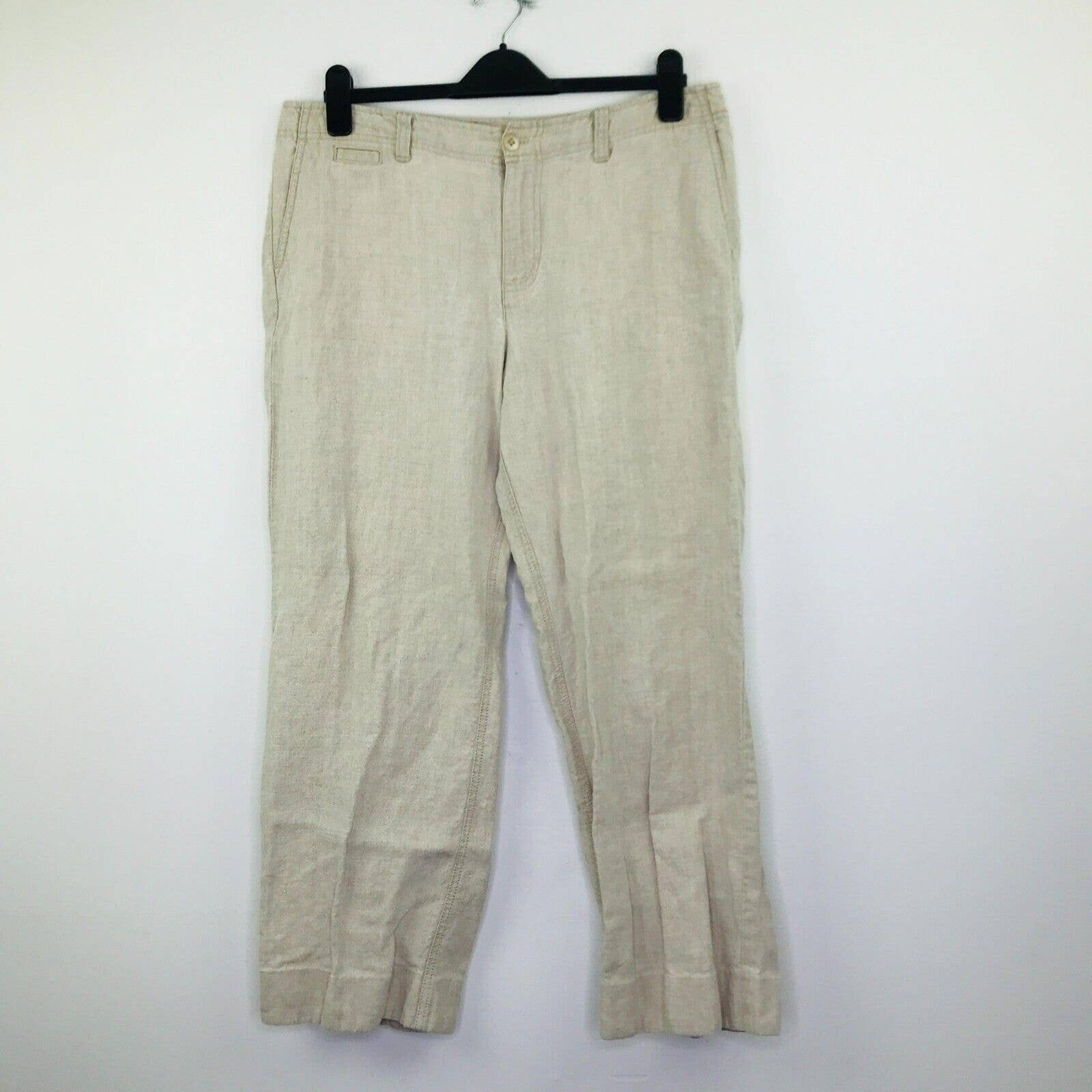 Eddie Bauer Women's 14P Pants Beige Solid Linen Straight Wide Leg Chino BW13