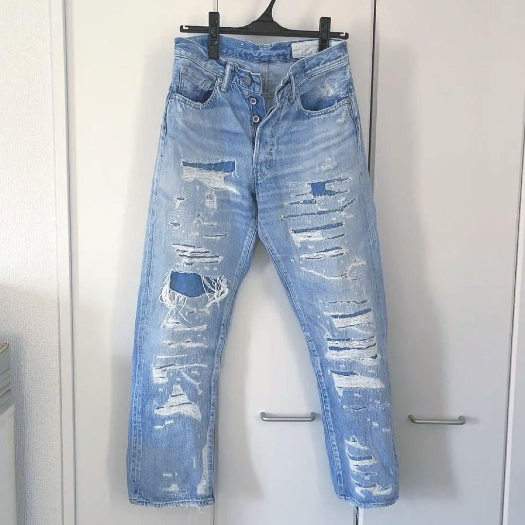 KURODENIM Light Blue Denim Pants with Damage Processing