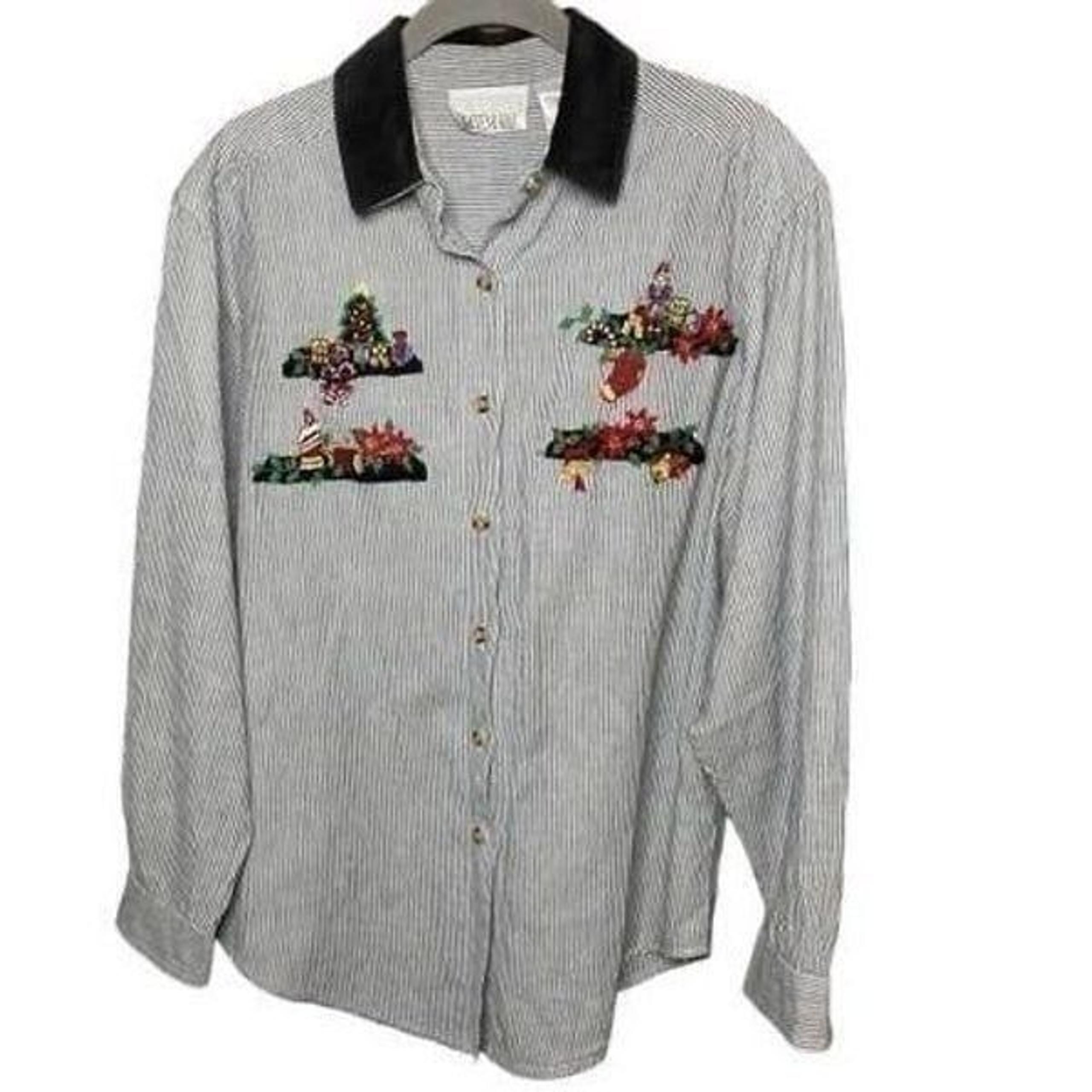 Casey & Max vintage Christmas gray pinstripe velvet color shirt size small