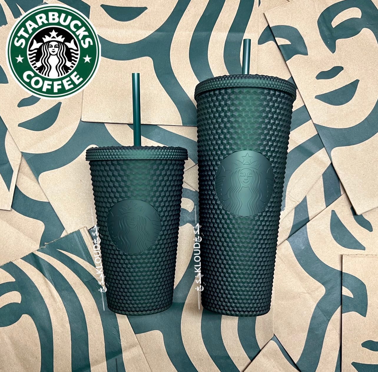 ✨STARBUCKS 2021 WINTER STUDDED SOFT TOUCH FOREST GREEN BLING GRANDE, VENTI SET✨