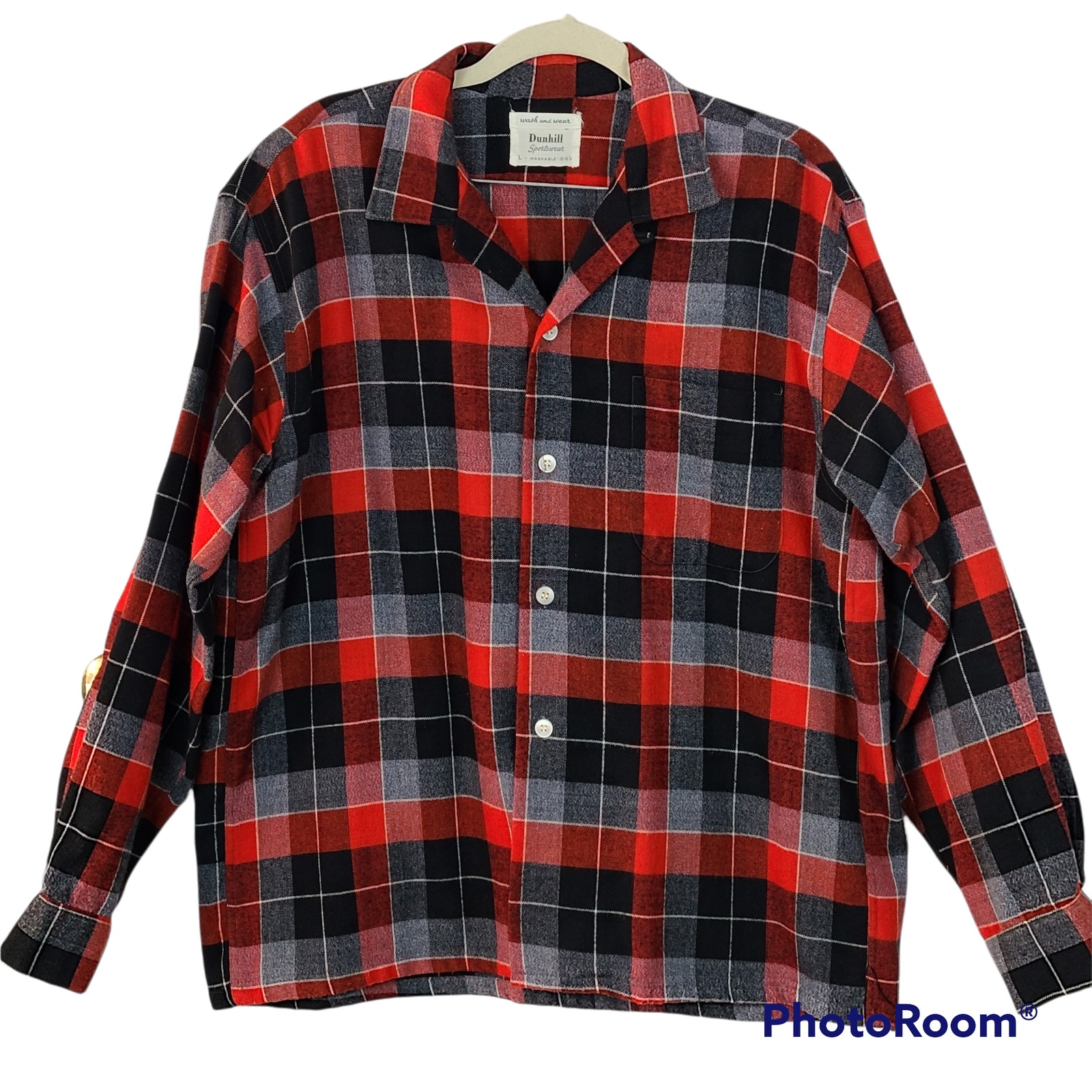 Vintage mens red gray plaid shirt jacket L 16-16.5