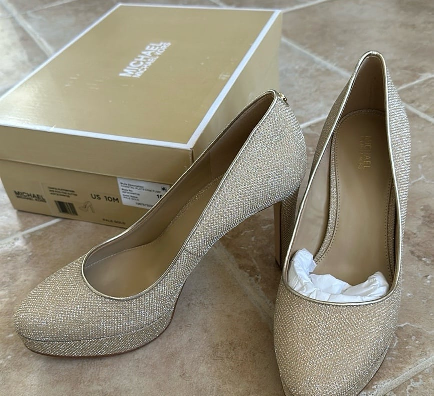 Michael Kors Women's Chantal Platform Pale Gold Pixie Glitter Pumps 10 M Shoes