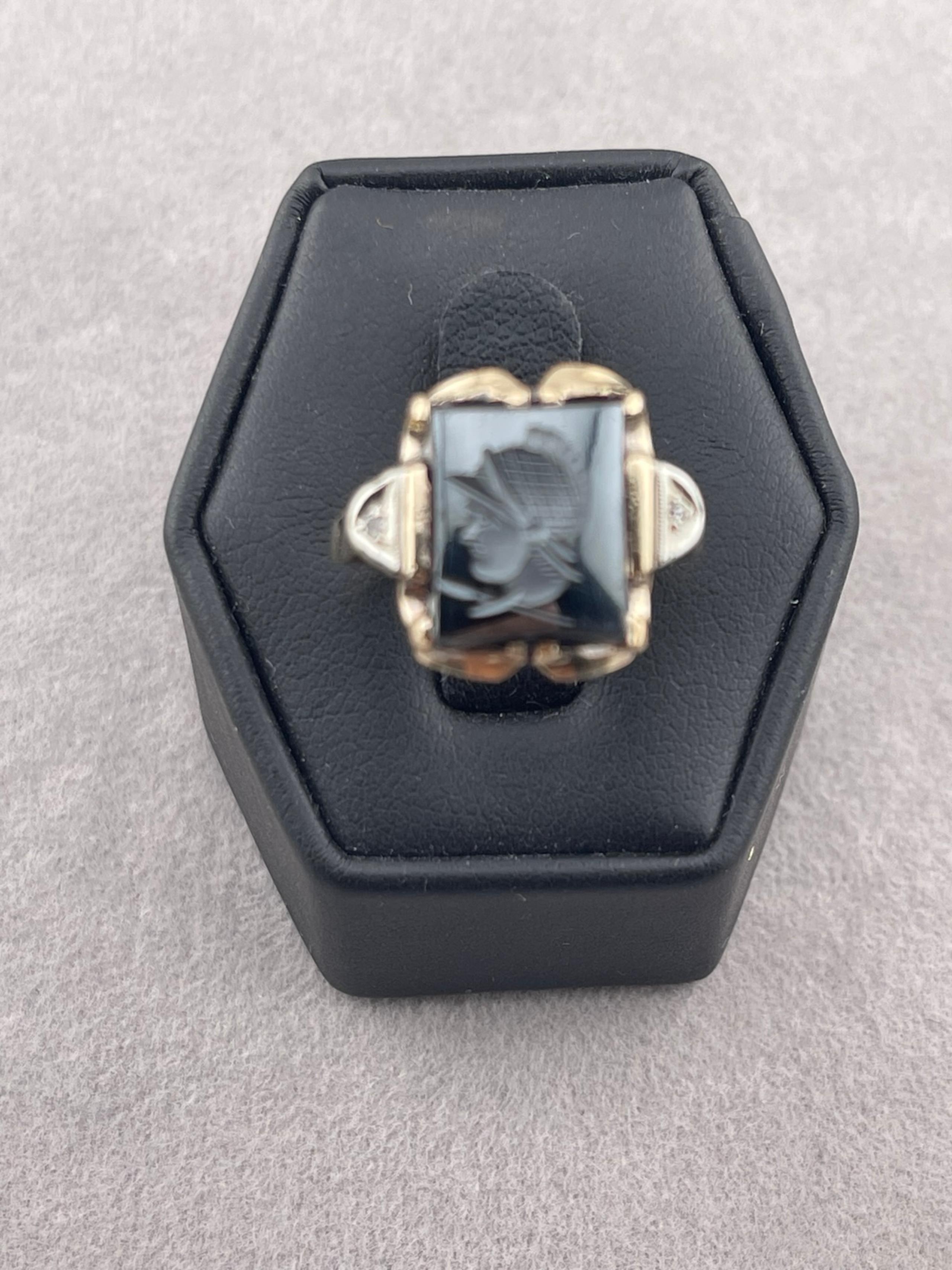 Antique hematite carved stone and diamond statement, ring 10 karat yellow gold