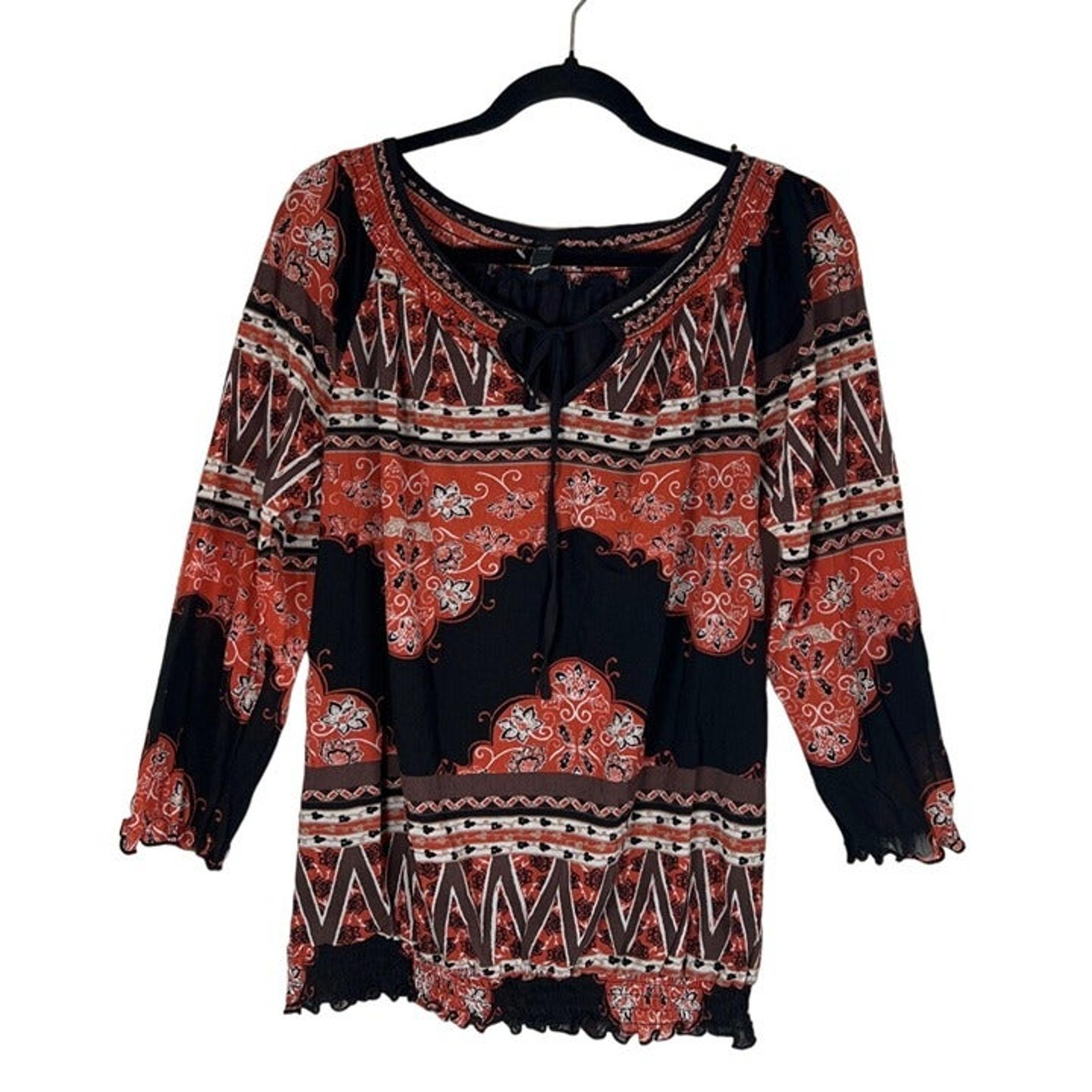 GNW Womens Size L Orange BLK Floral Indie Boho Peasant Blouse Elastic Cuff Waist