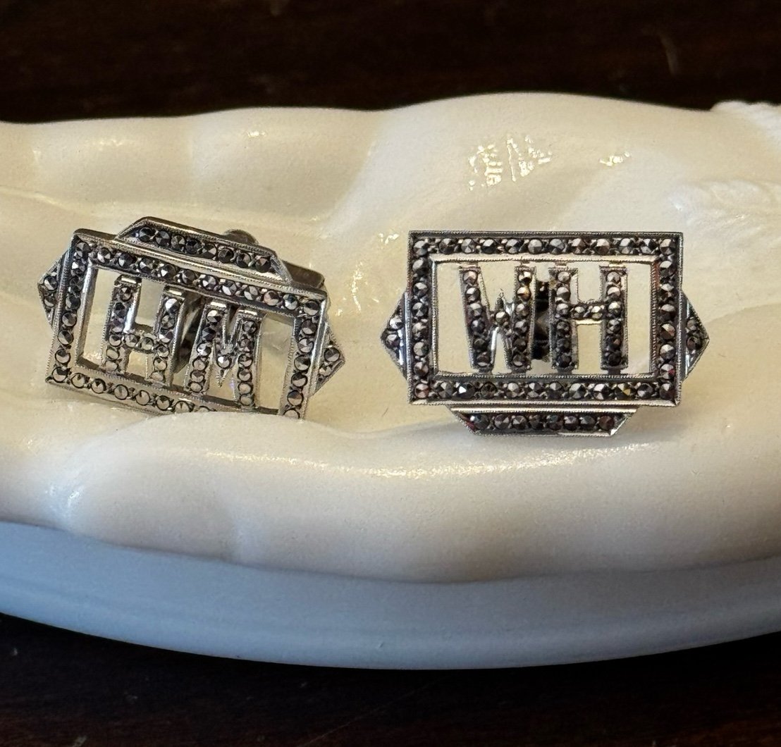Vintage Sterling Silver Marcasite Monogram WH or MH Cufflinks