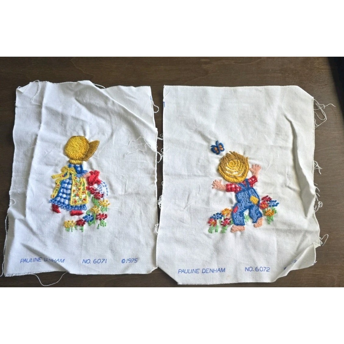 Pauline Denham Crewel Embroidery Sunbonnet Girl Boy Chasing Butterfly