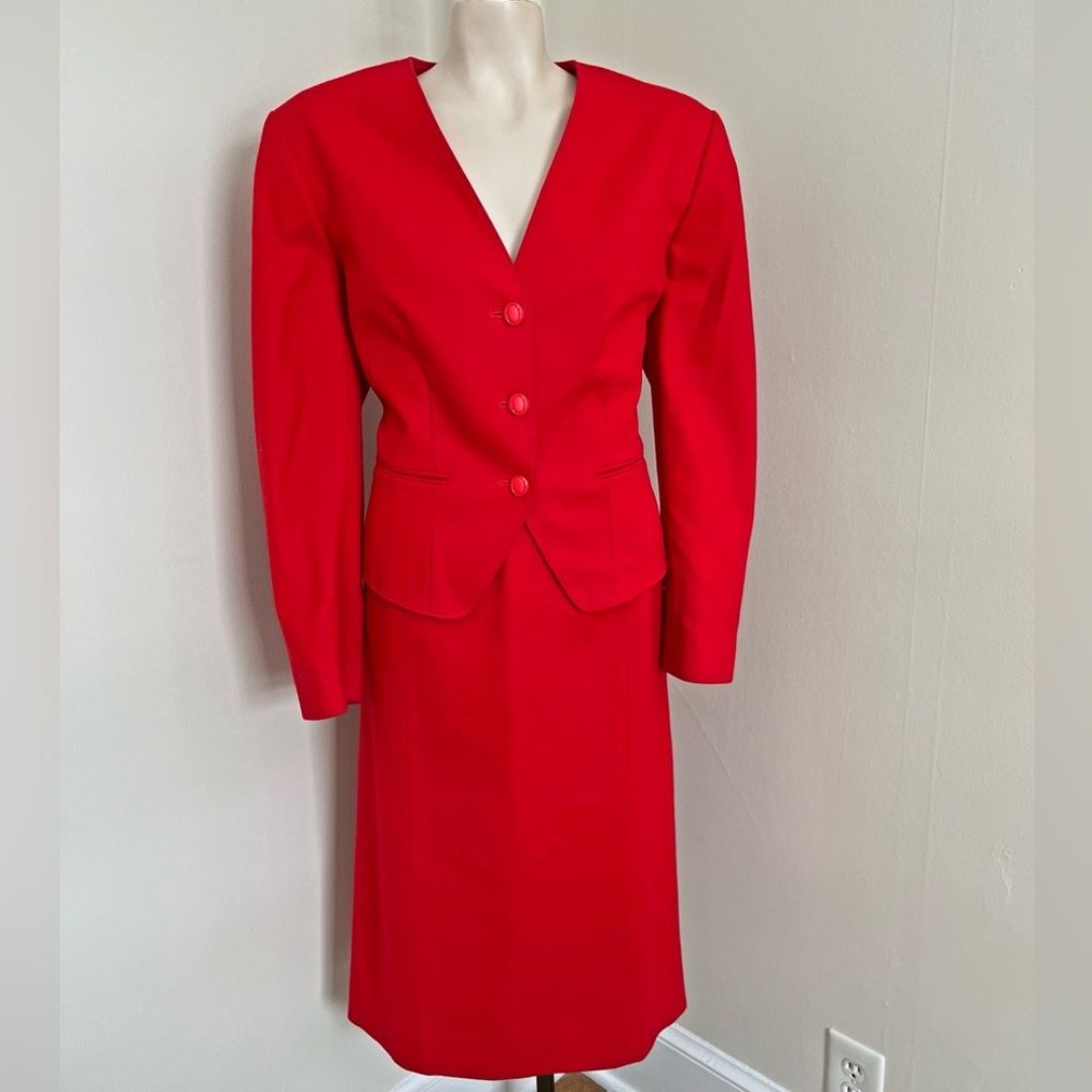 Vintage Pendleton 80’s red Virgin wool skirt suit set Career chic