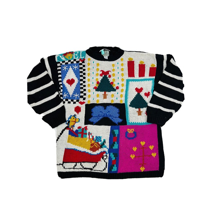 Vintage Womens Large Hand Knit Christmas Color Block Baggy Sweater