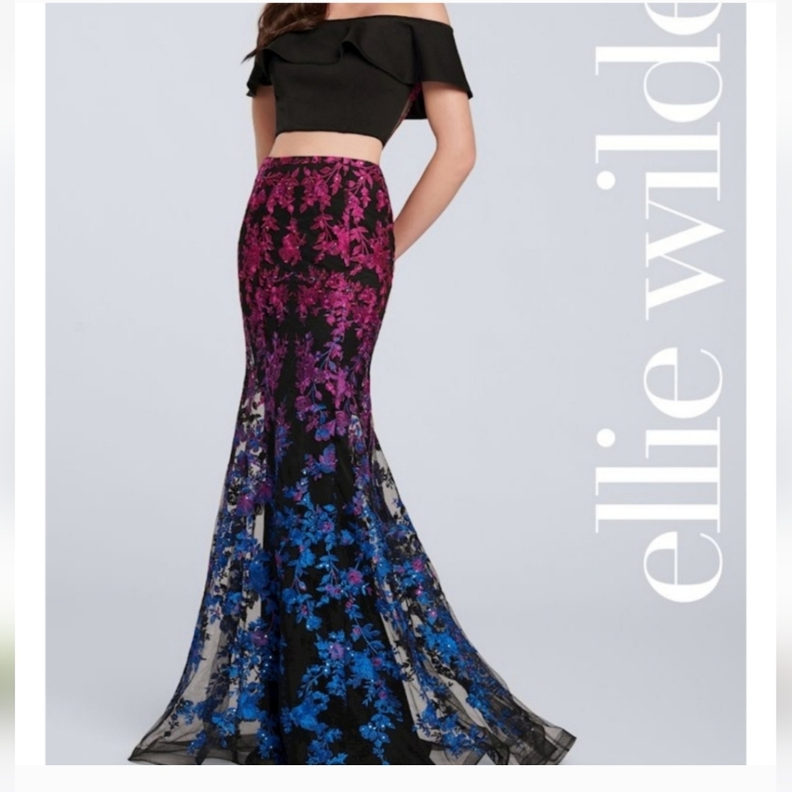 ELLIE WILD Mon Cheri Black and Purple High-Low Trumpet Maxi Skirt Size 8