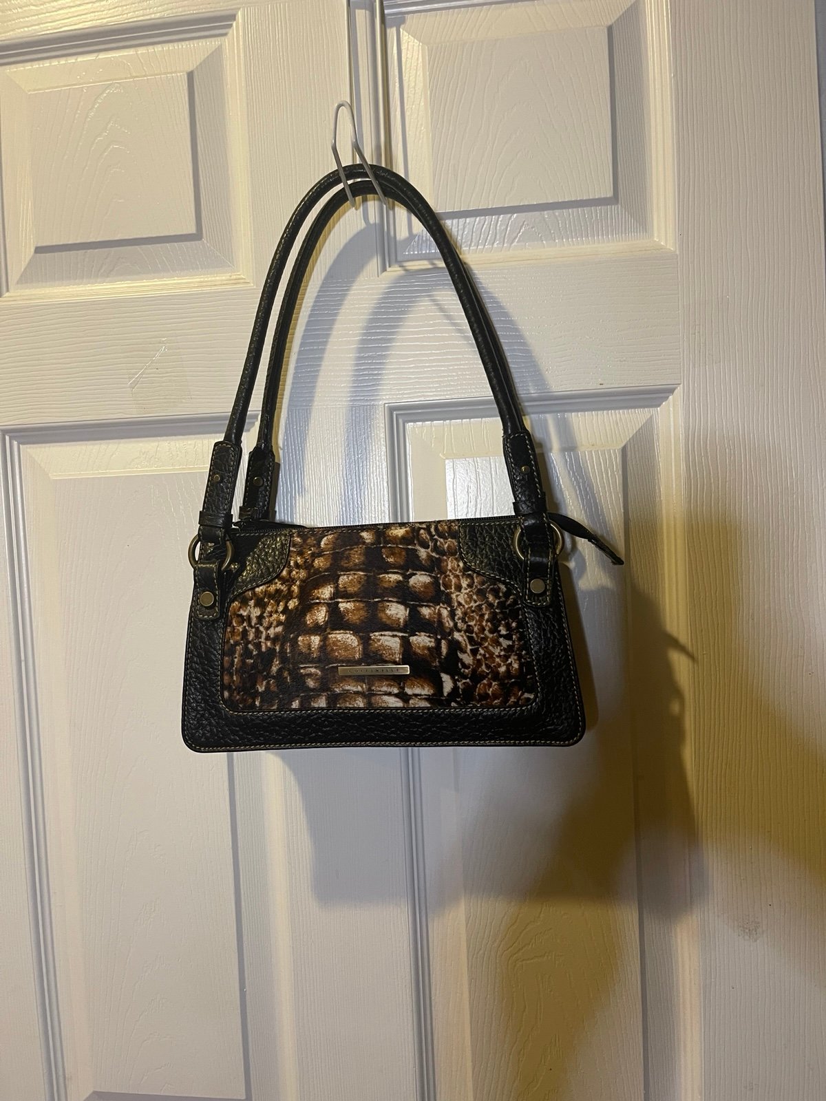 Coccinelle leather pony hair brown & beige shoulder bag with brown trim & strap