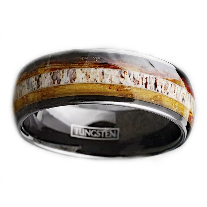Tungsten wedding band ring wood and deer antler inlay 8mm comfort fit