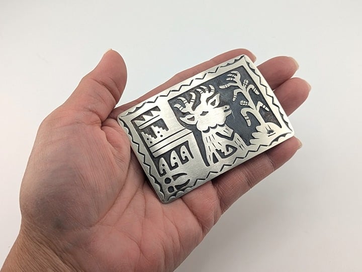 Native American Sterling Silver Belt Buckle Overlay Design Collectible Jewelry**