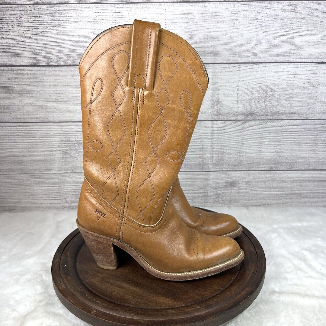 Frye Vintage Western Boots Womens Size 7 Mid Calf Stacked Heel Leather USA Made