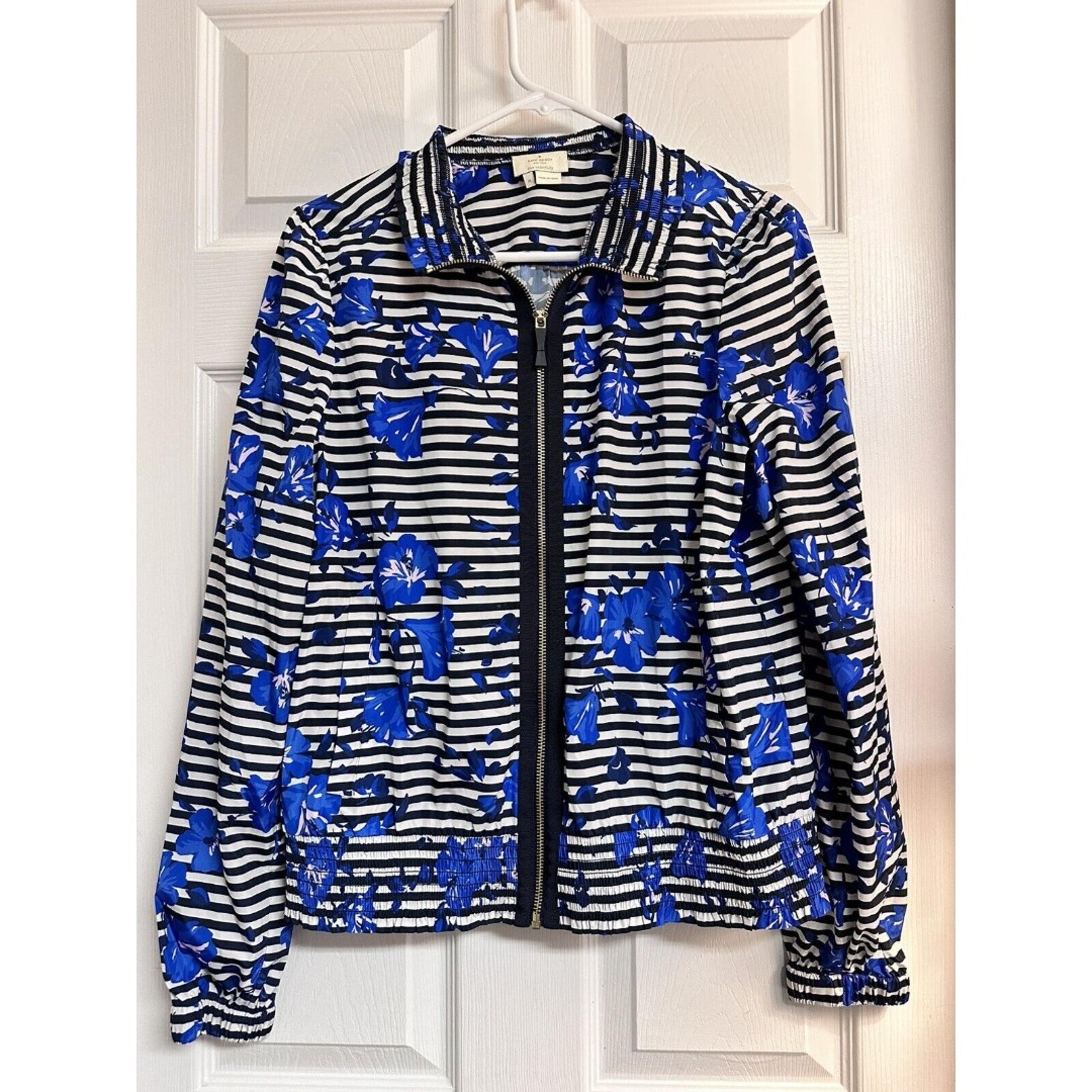Kate Spade California Dreaming Blue Hibiscus White Stripe Jacket Wind Breaker M