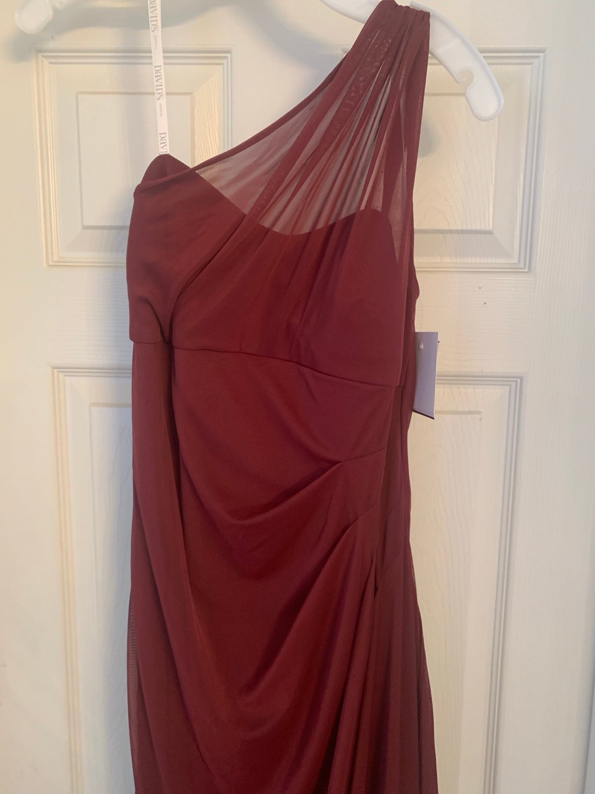 David’s Bridal One Shoulder Mesh Dress Wine