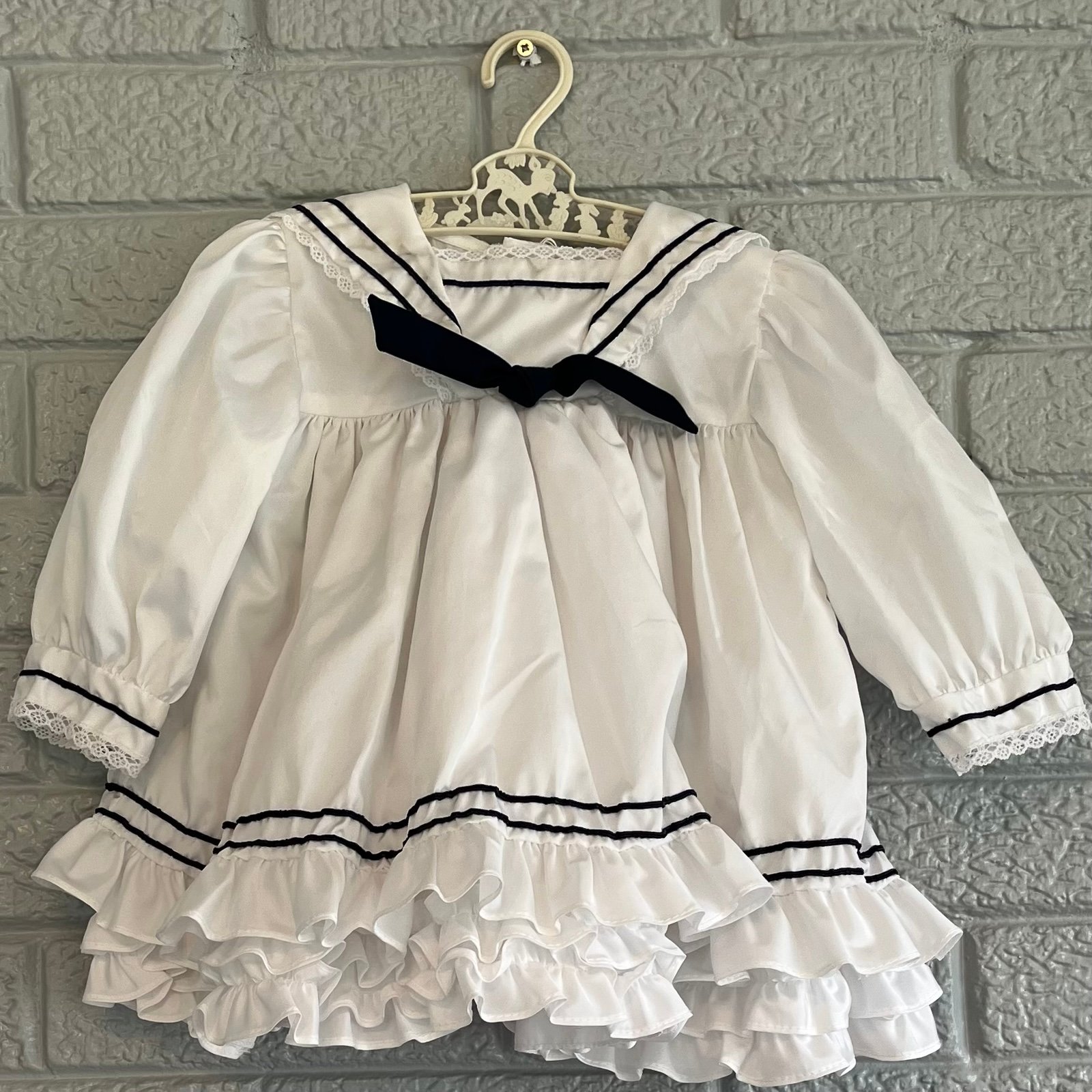 Martha’s Miniatures White & Navy Sailor Dress Baby Girl 18 Months Fussy Ruffles
