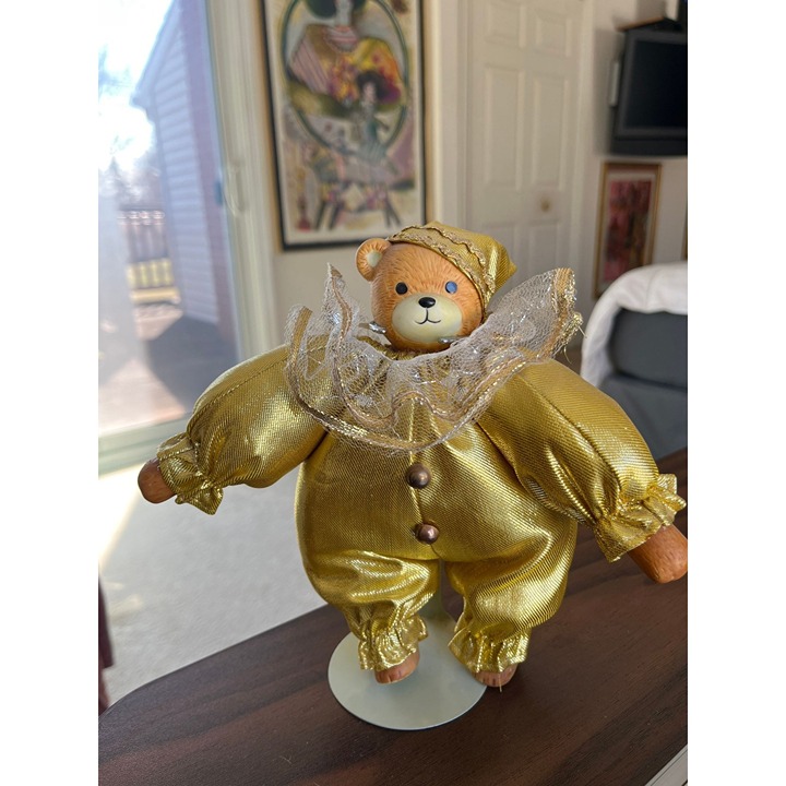 Vtg 1970's Porcelain Harlequin Teddy Bear Gold Lame Harlequin Jester Costume