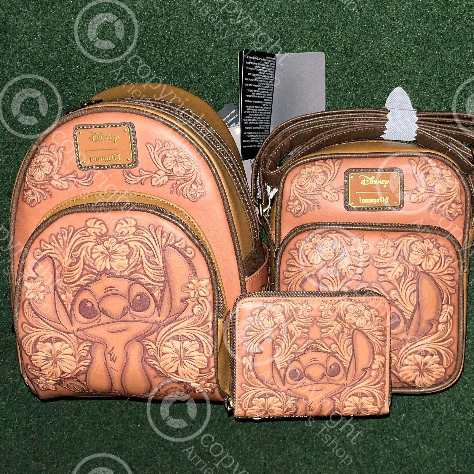 Loungefly Lilo & Stitch Tonal Stitch Carving Mini Backpack wallet crossbody set
