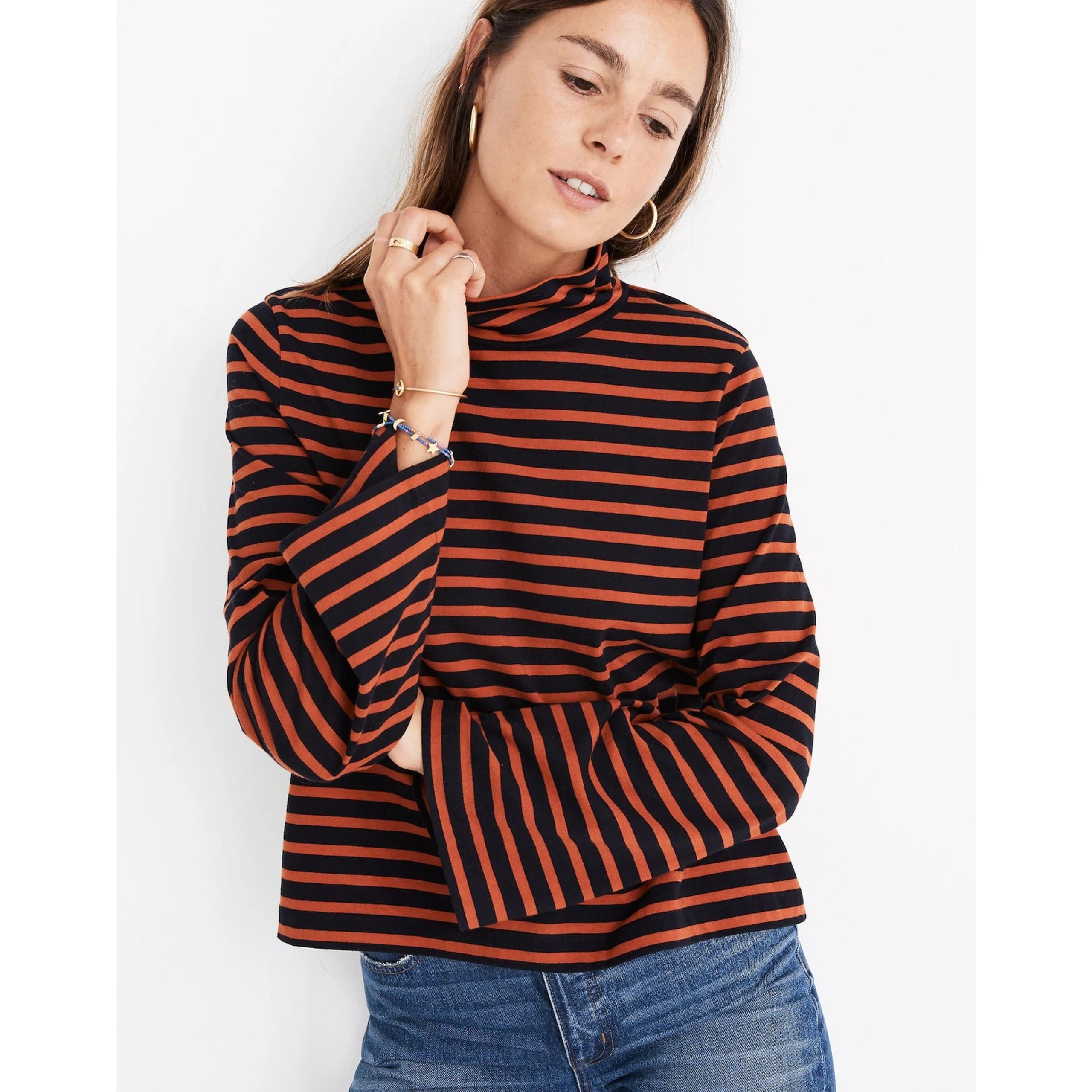 Madewell Women's Wide-Sleeve Turtleneck Long Sleeve Shirt Stripe Night Vision S