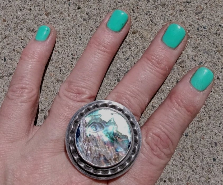 HUGE 1.5” Round Sterling Silver Abalone Shell Statement Ring Size 8