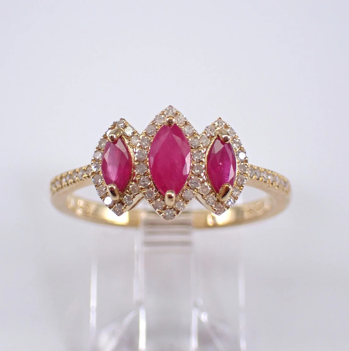 Ruby and Diamond Three Stone Ring - Yellow Gold Petite Halo Setting