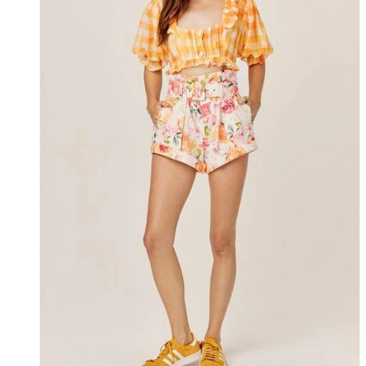 NWT For Love & Lemons Linen Shorts, Coral/ Floral Size XS