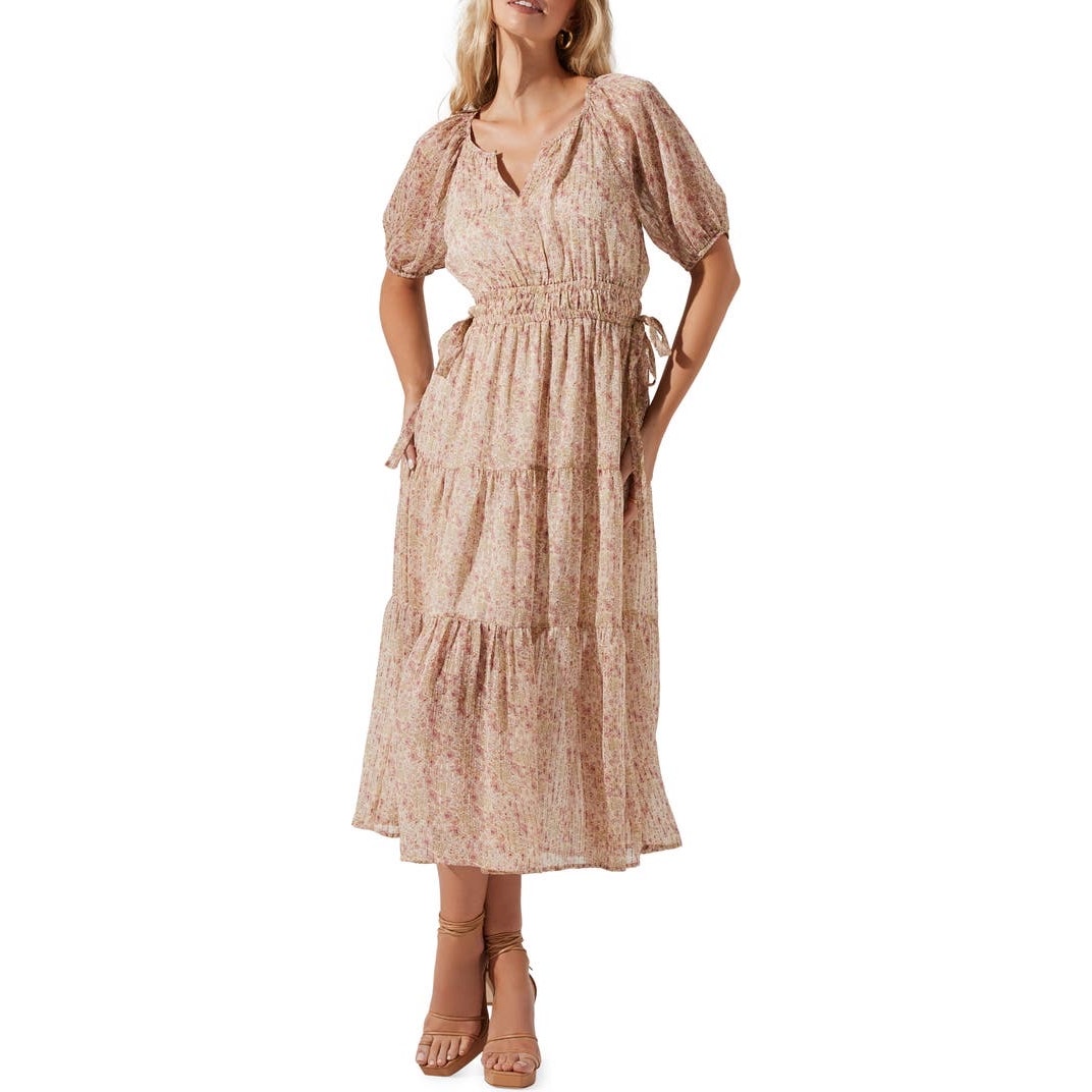 ASTR The Label Floral Print Tiered Ruffle Midi Dress Cream Pink Women's XS NWT
