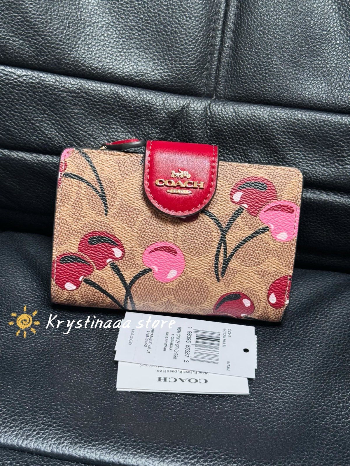 Coach Medium Corner Zip Wallet In Signature Canvas With Cherry Print CZ342