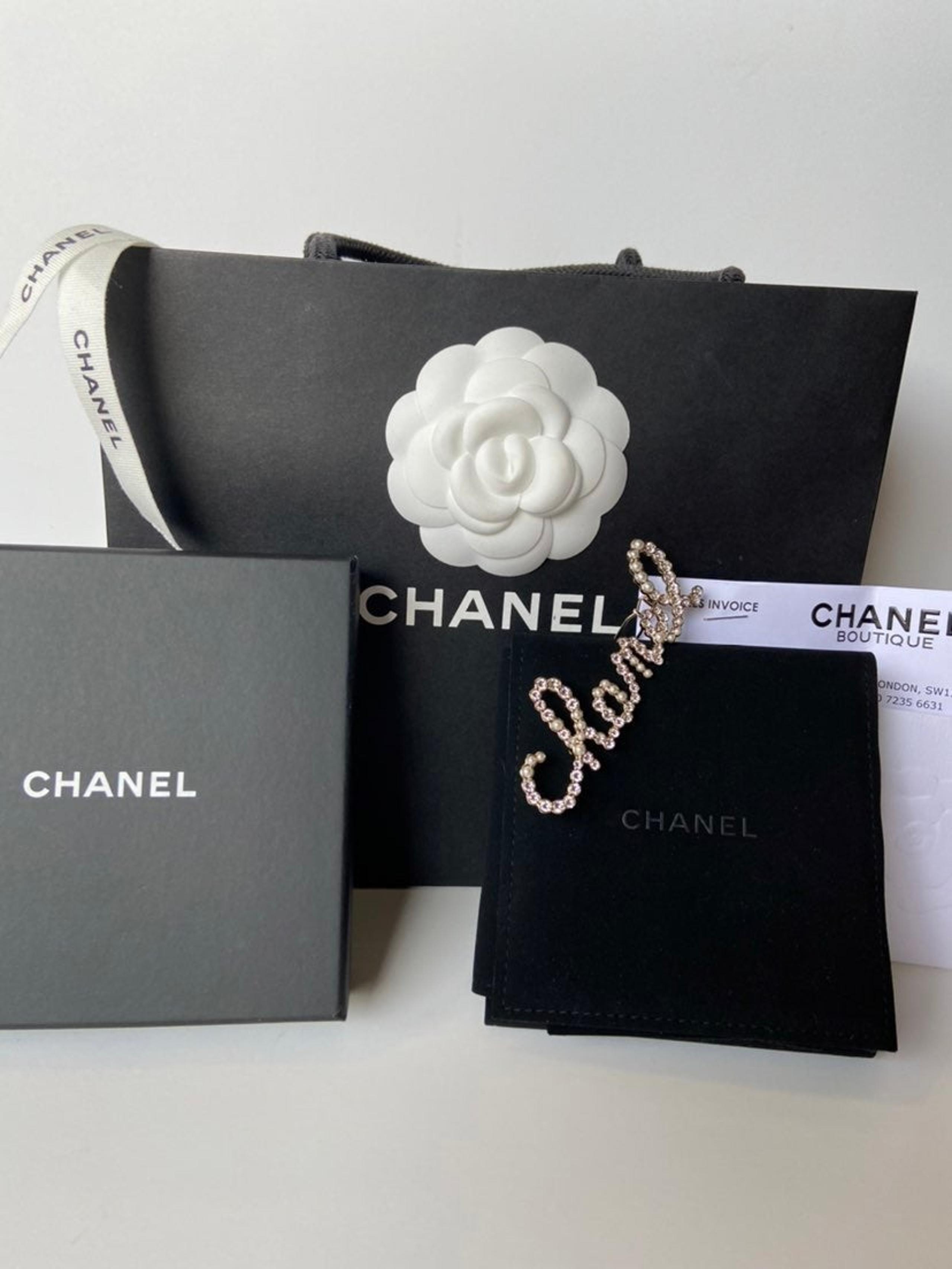 Authentic CHANEL Crystal Pearls Hair Clip Barrette Gold Cursive