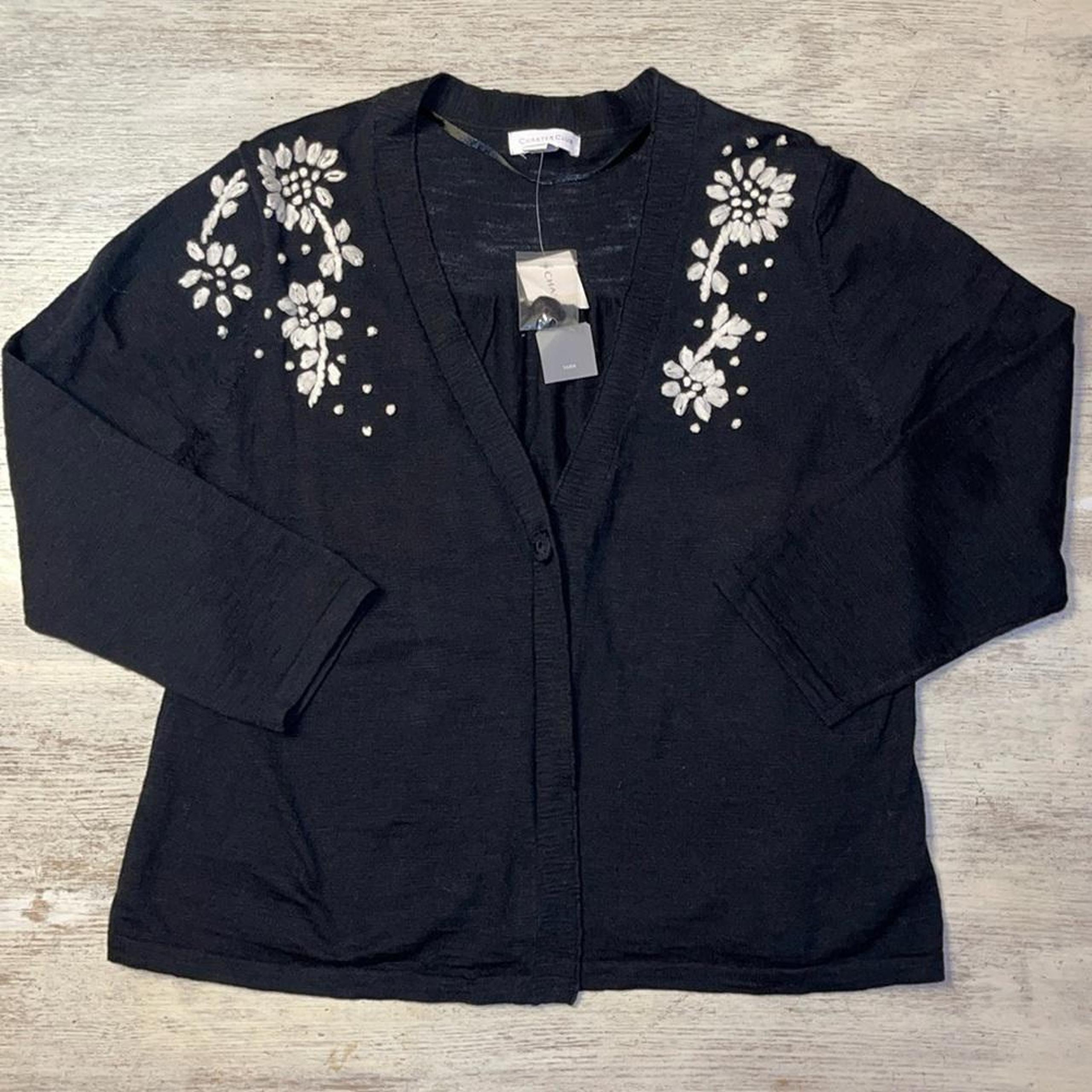 NWT Charter Club Black and White Knit Flower Embroidered Cardigan Sweater Size L