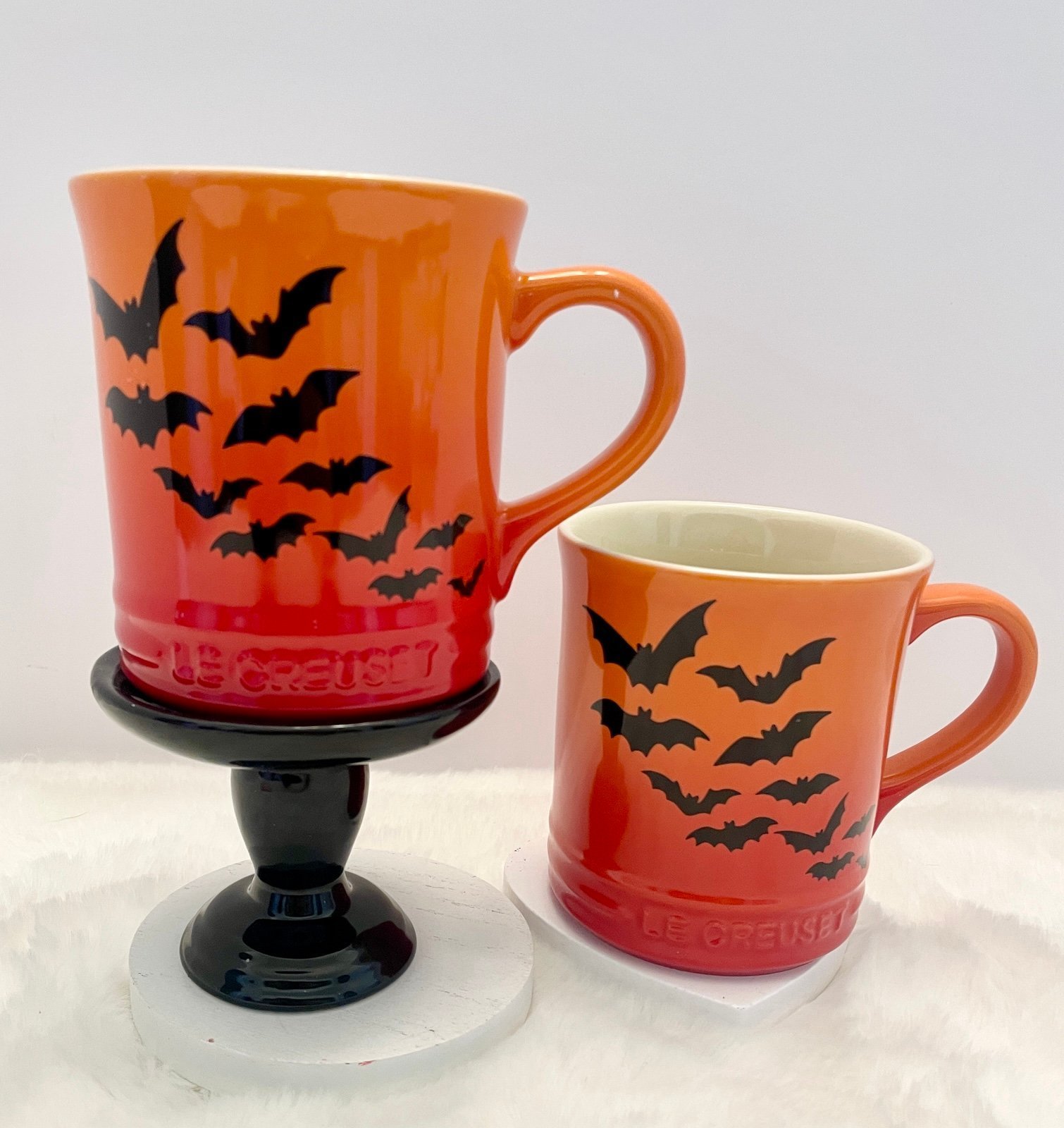 Le Creuset Halloween Bat Stoneware Ombre Orange Flame Mug Set of 2 NEW