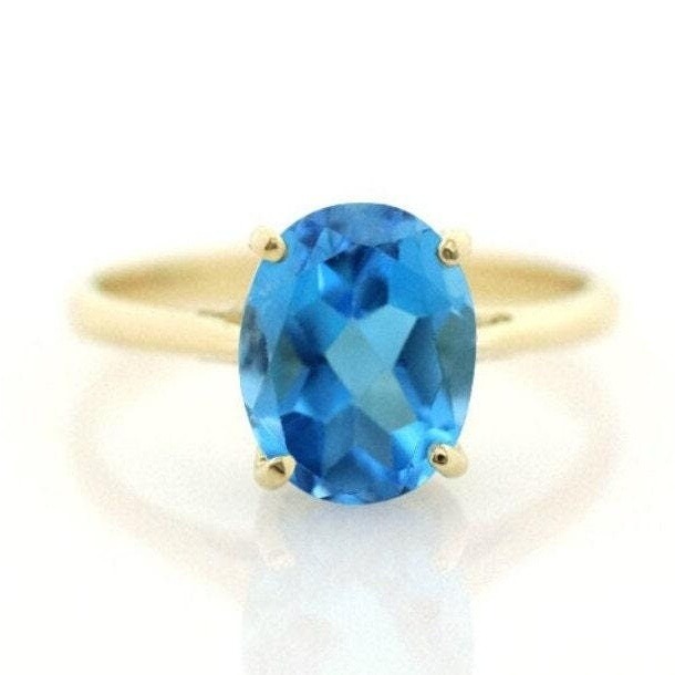 14k Yellow Gold 3.10Ct Natural Oval Blue Topaz Halo Solitaire Ring