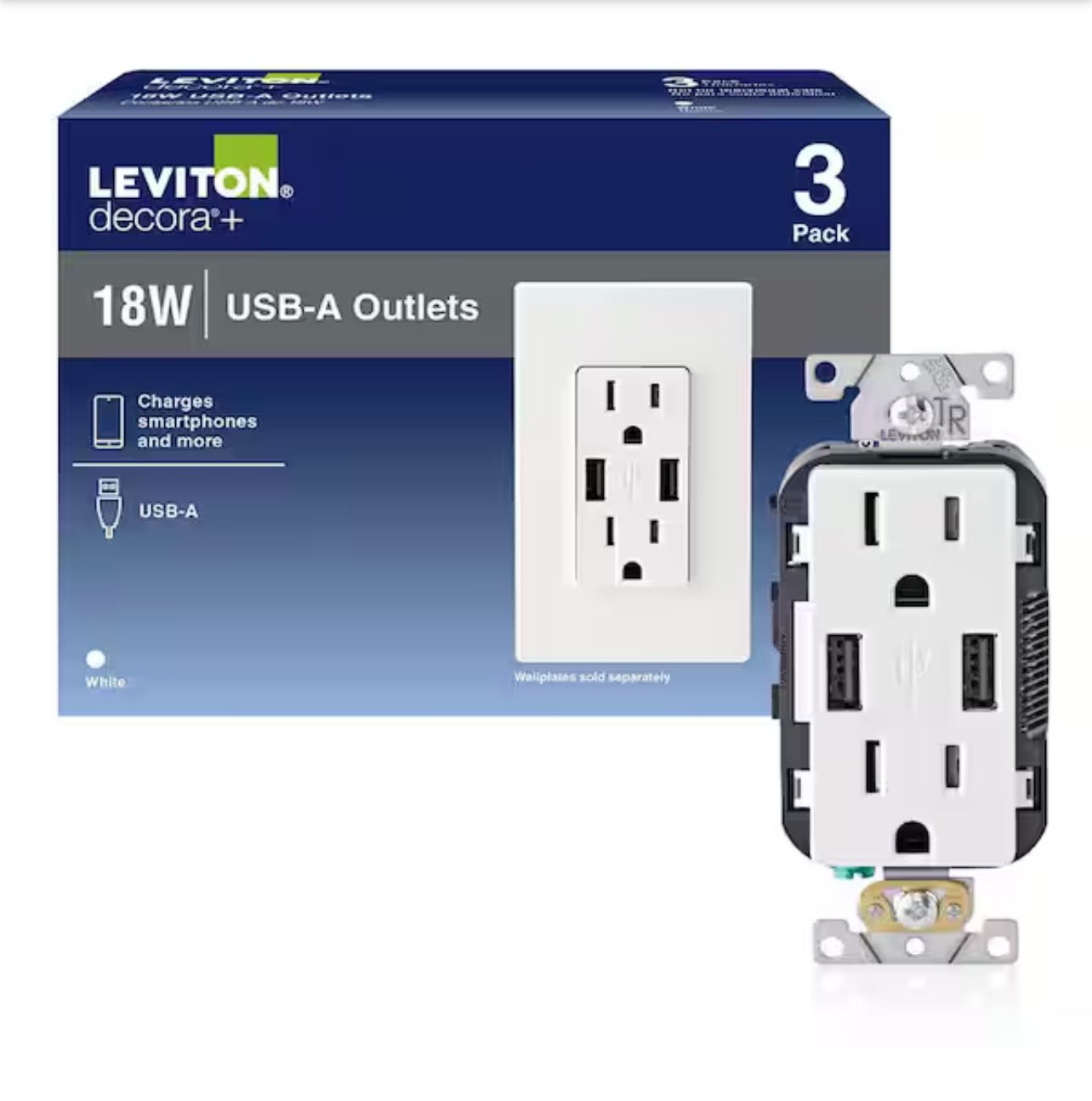Leviton Duplex Outlet and USB Charger 3PK