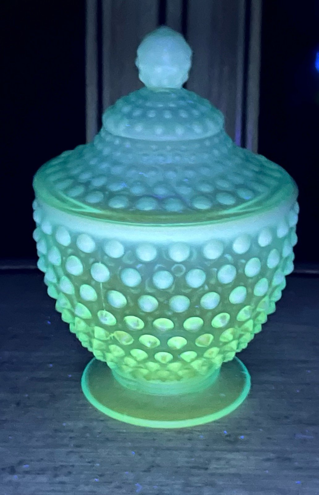 Vintage Fenton Aqua Opalescent Hobnail Lidded Jar~ UV reactive