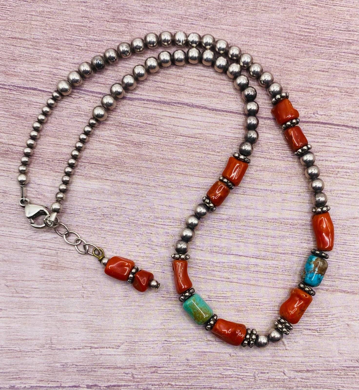 Turquoise Coral Sterling and Silver Plated Beaded Necklace Southwestern Boho 18”