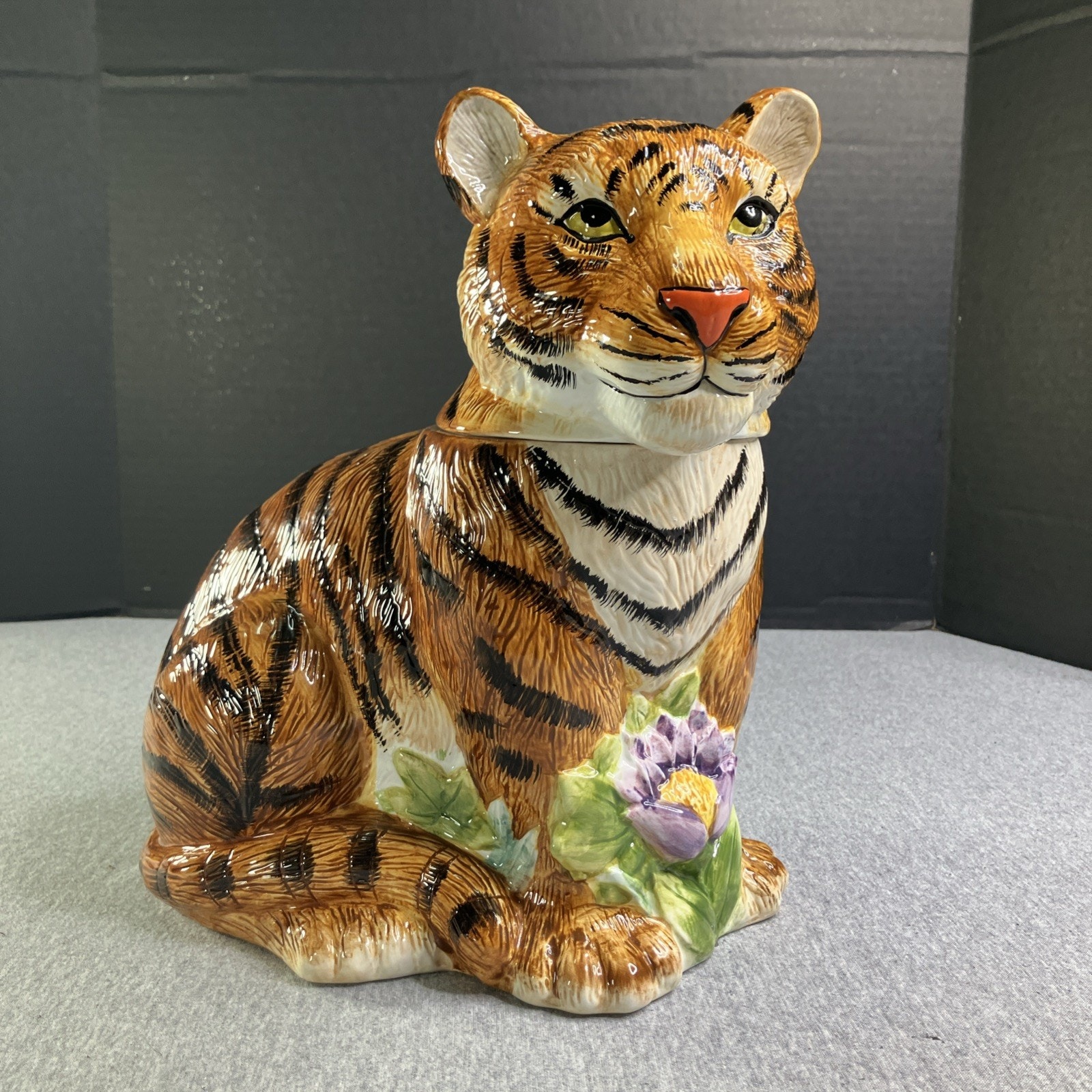 Vintage Stephanie Stouffer Sakura Jungle Tiger Cookie Jar Delicate Hand Painted