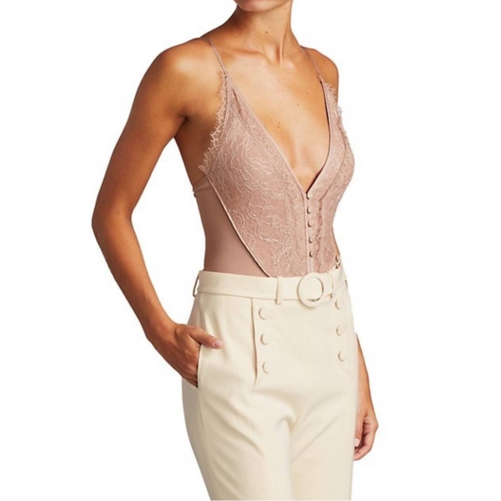 Jonathan Simkhai Lace Satin Trim Stretch Mesh Gemma Plunge Vneck Bodysuit Sz M