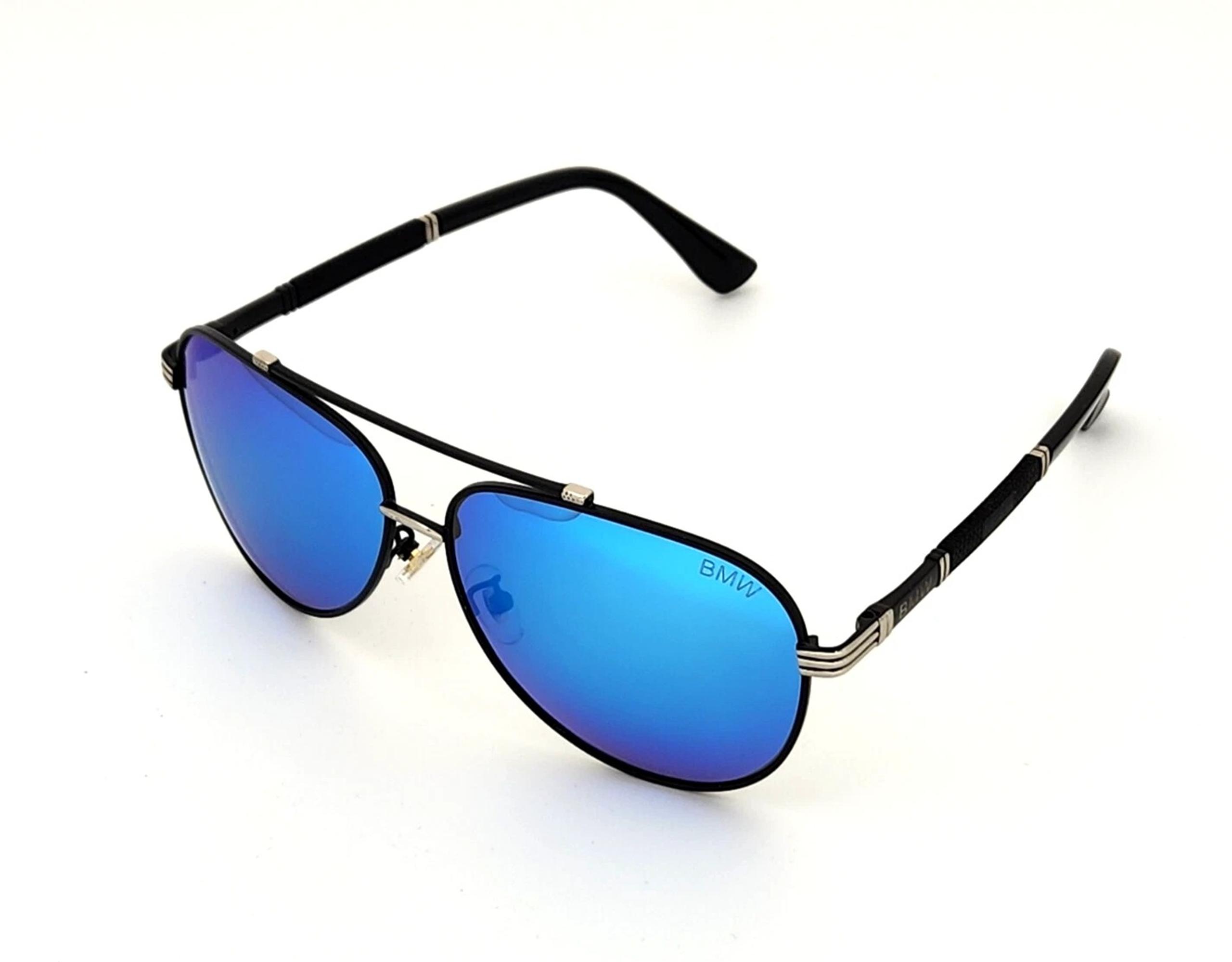 Polarized BMW Metal Aviator Sunglasses Black-Silver Blue Mirror Flex Arms BW9