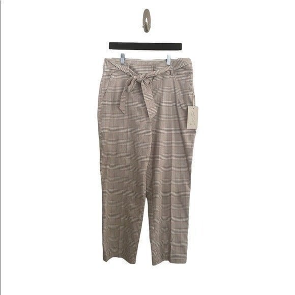 Joie Tan Blue Plaid Pants Waist Tie Size 12