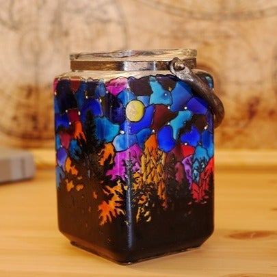 Handmade Painted Stained Glass Square Jar Unique Home Decor Starry Night Forest