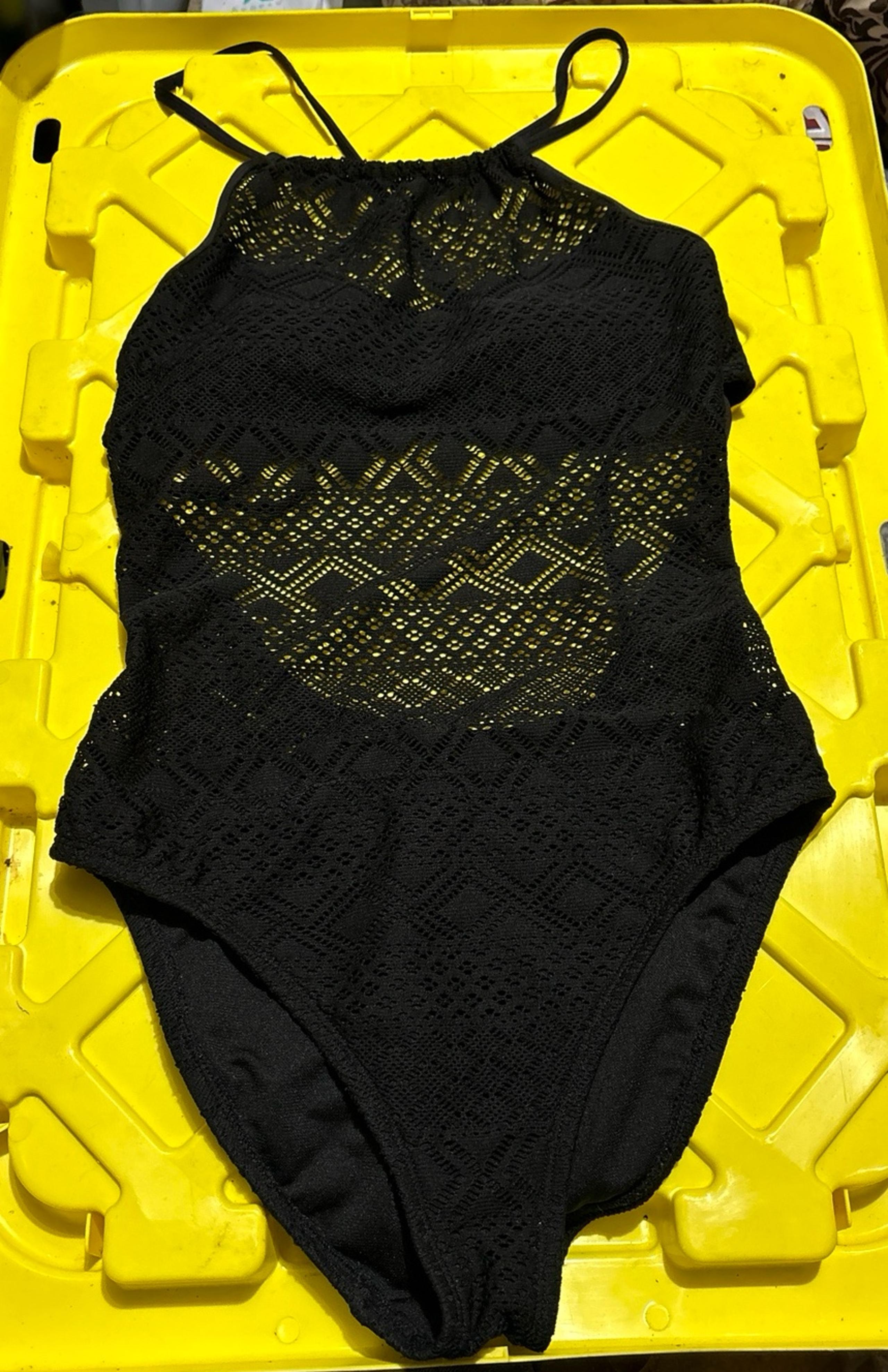 Reaction Kenneth Cole Black Crochet Overlay One Piece Swimsuit, Small